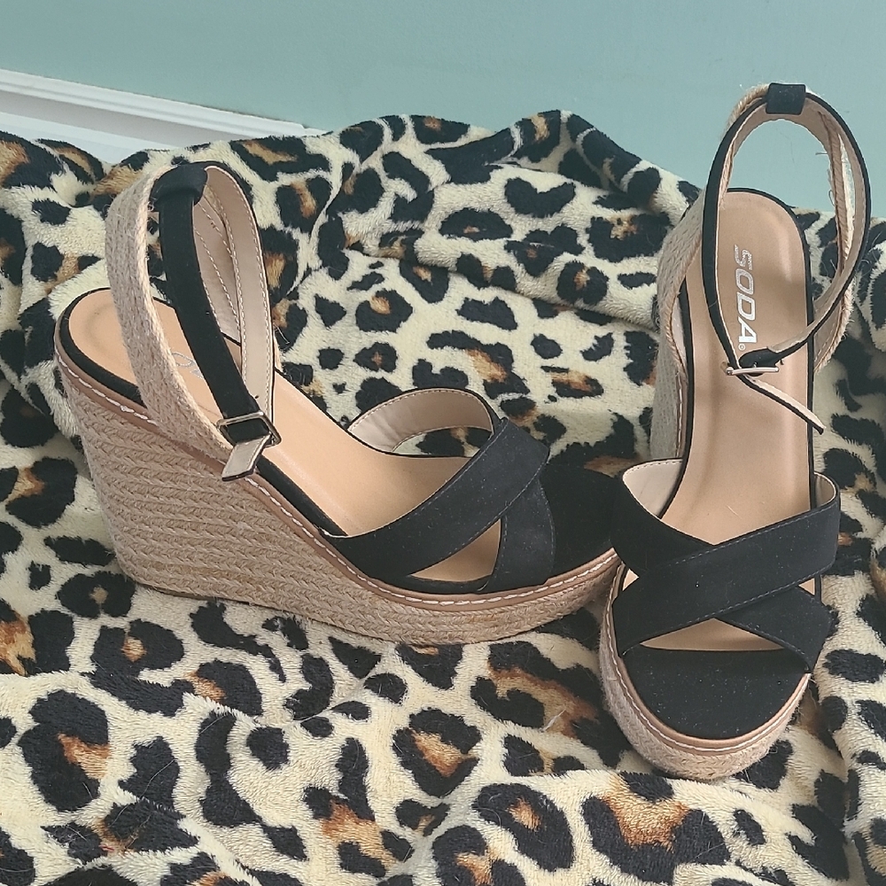 Soda Black Espadrille Wedge Sandals